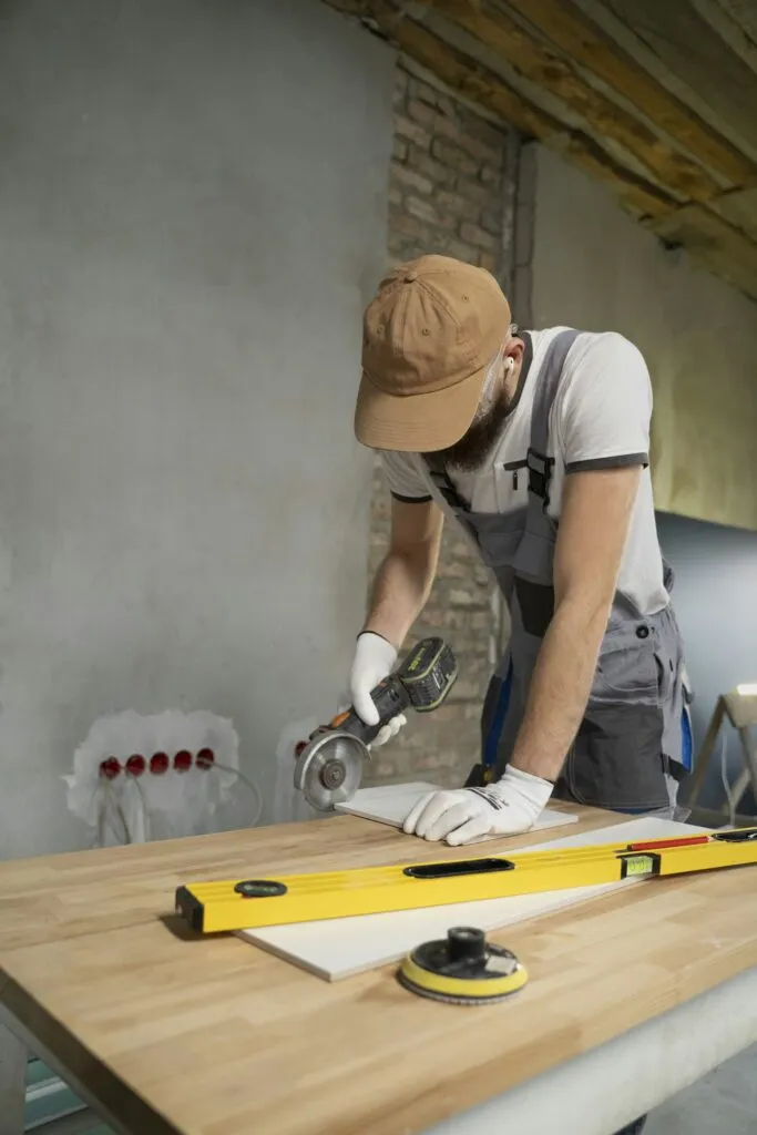 Tradesperson cutting tile with an angle grinder