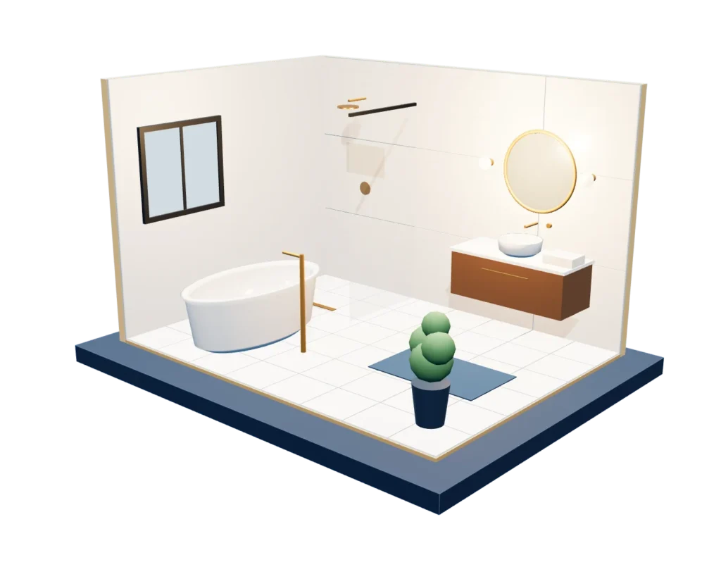Finished bathroom renovation with a freestanding tub, walnut vanity and brass fixtures