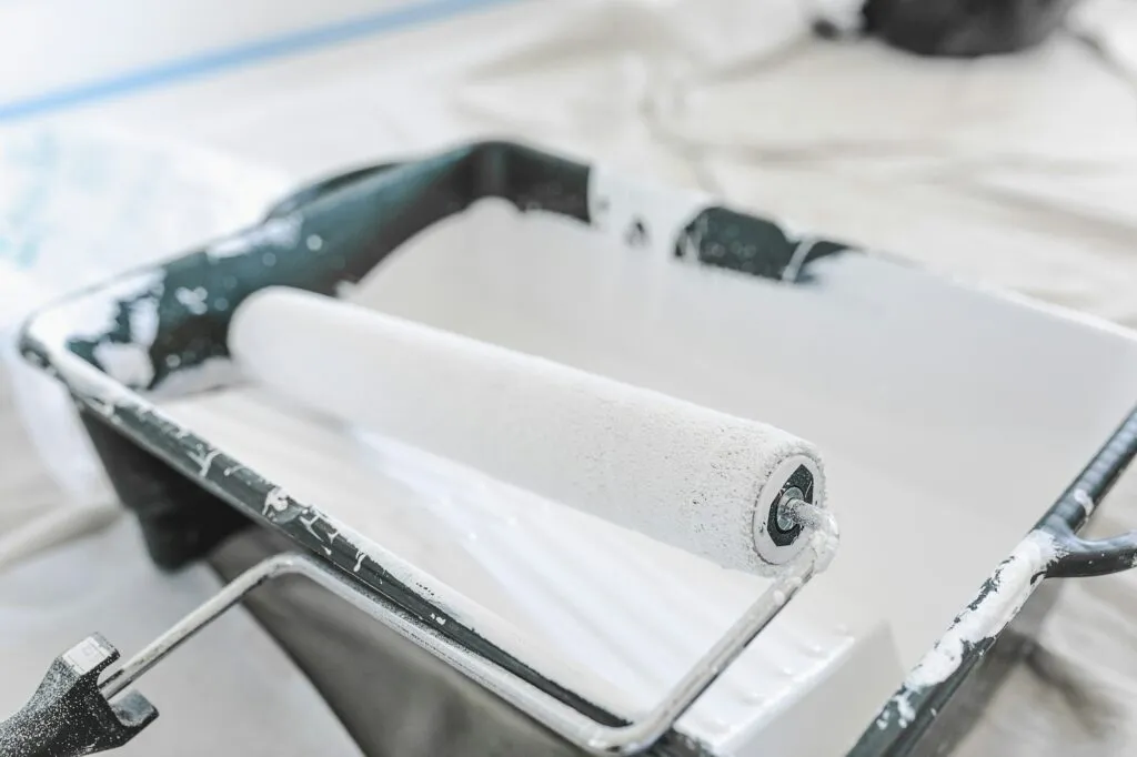 Paint roller and tray used for cabinet refinishing